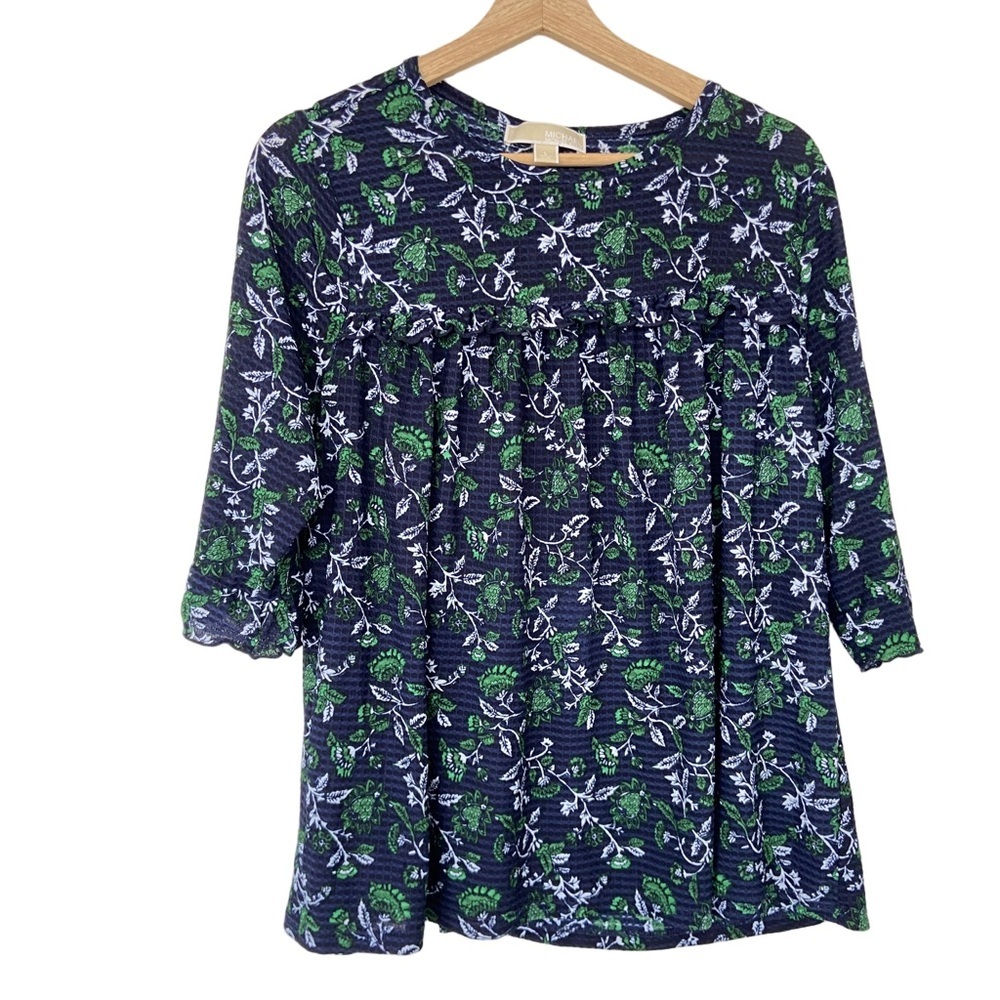 MICHAEL KORS NAVY/GREEN FLORAL PATTERNED TOP BLOUSE WITH RUFFLE DETAILS, LARGE